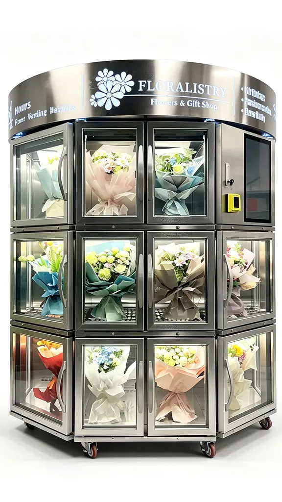 Round floral cabinet — FLORALISTRY fresh-flower vending kiosk