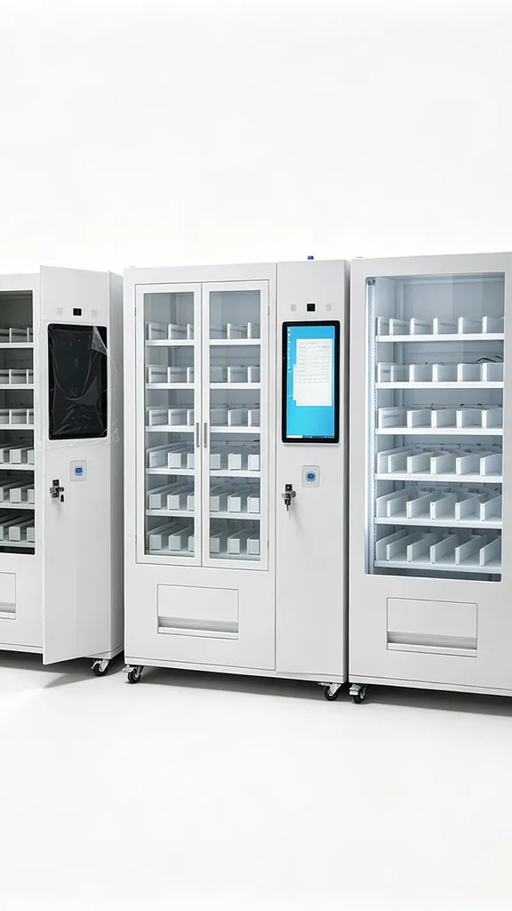 Three white vending cabinets side by side